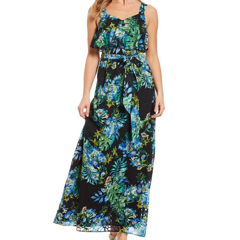 Adrianna Papell Tropical Print Burnout Textured Maxi Dress Sz 12 NWT